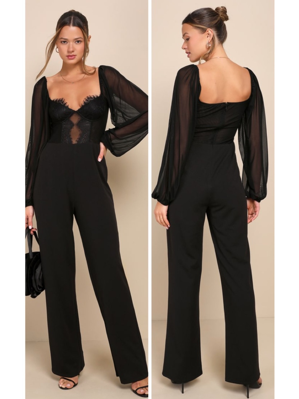 Lulus Instant Attraction Black Mesh Lace Long Sleeve Bustier Jumpsuit Medium NWT